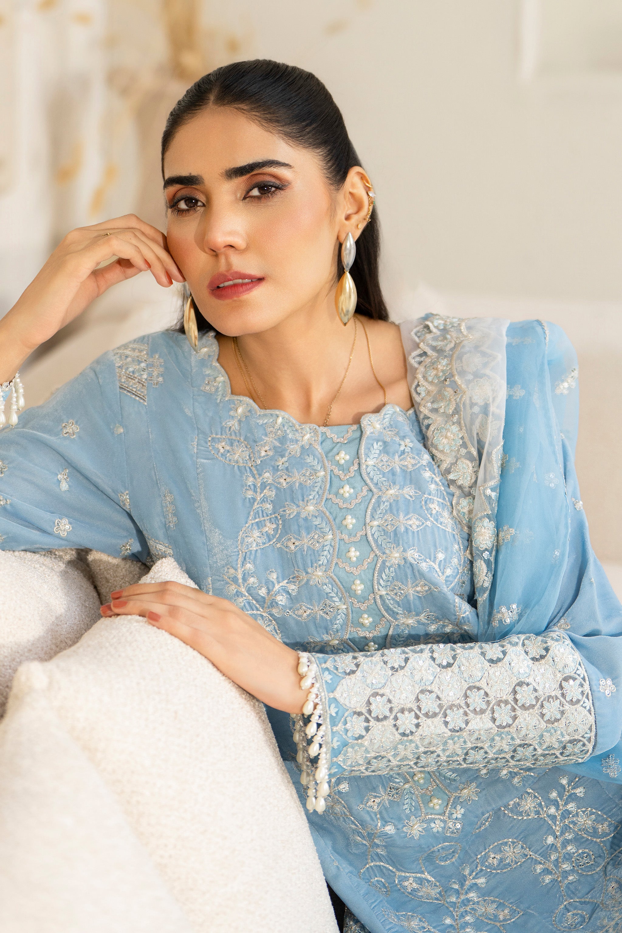 3 Piece Ready To Wear Sky Blue Velvet Suit - IN-388 - ARFARIWAJ