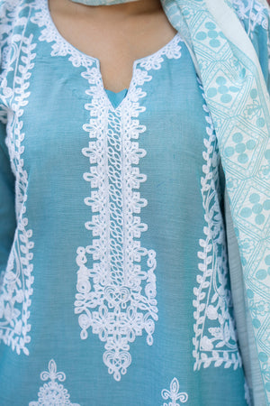 3 Piece Ready To Wear Sky Chambray Suit - AR-3825 - ArfaRiwaj