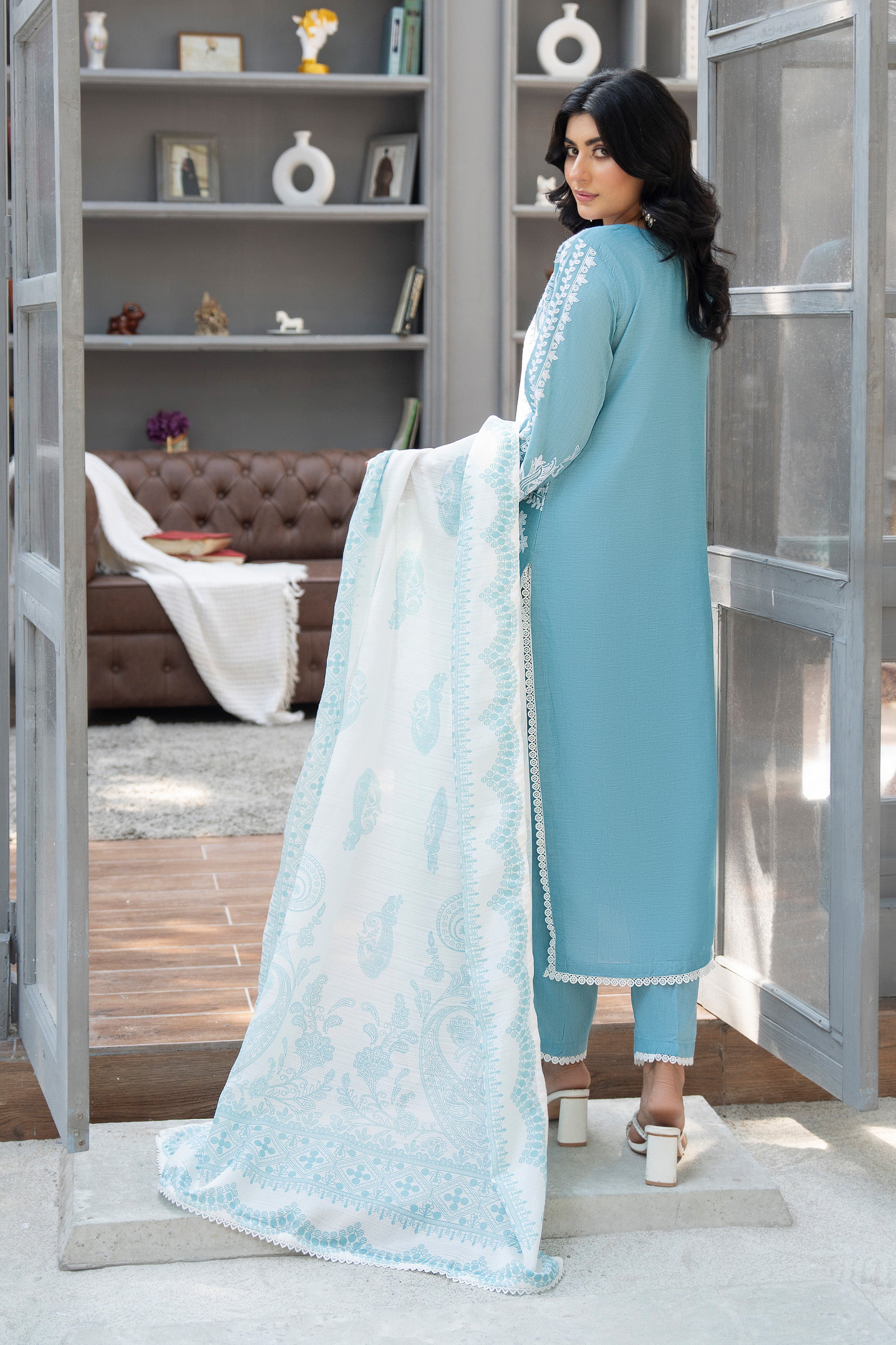 3 Piece Ready To Wear Sky Chambray Suit - AR-3825 - ArfaRiwaj