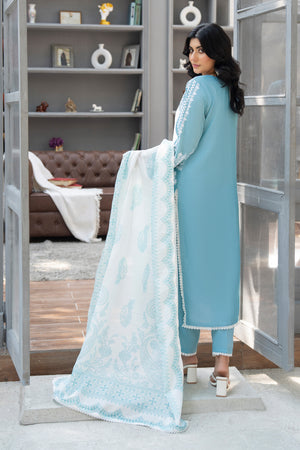 3 Piece Ready To Wear Sky Chambray Suit - AR-3825 - ArfaRiwaj