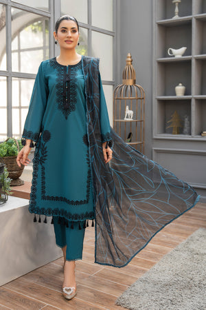 3 Piece Ready To Wear Turquoise Chambray - AR-3830 - ArfaRiwaj