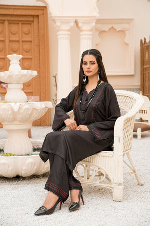 Black 2 Piece Self Linen Suit Pret - AR-3269 - ARFARIWAJ