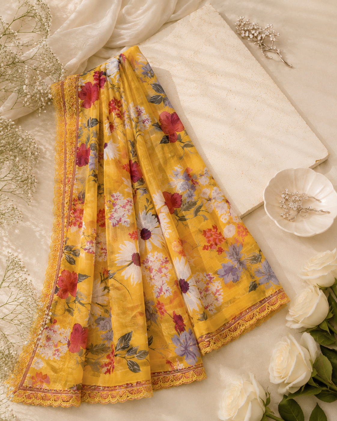 Yellow Printed Silk Dupatta