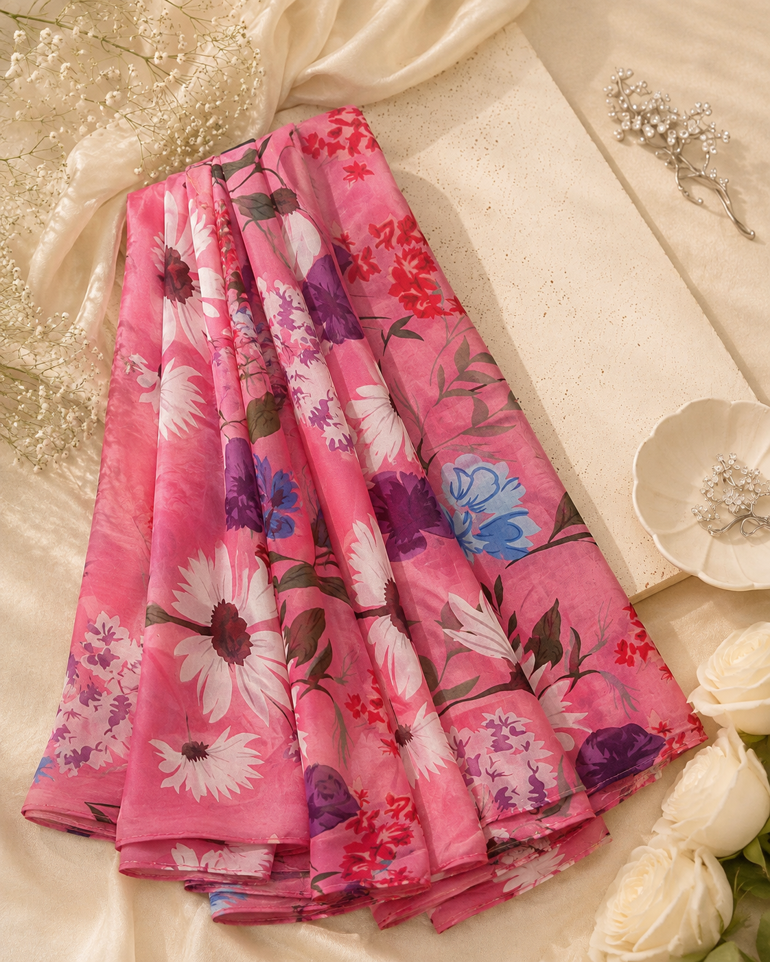 Pink Printed Silk Dupatta