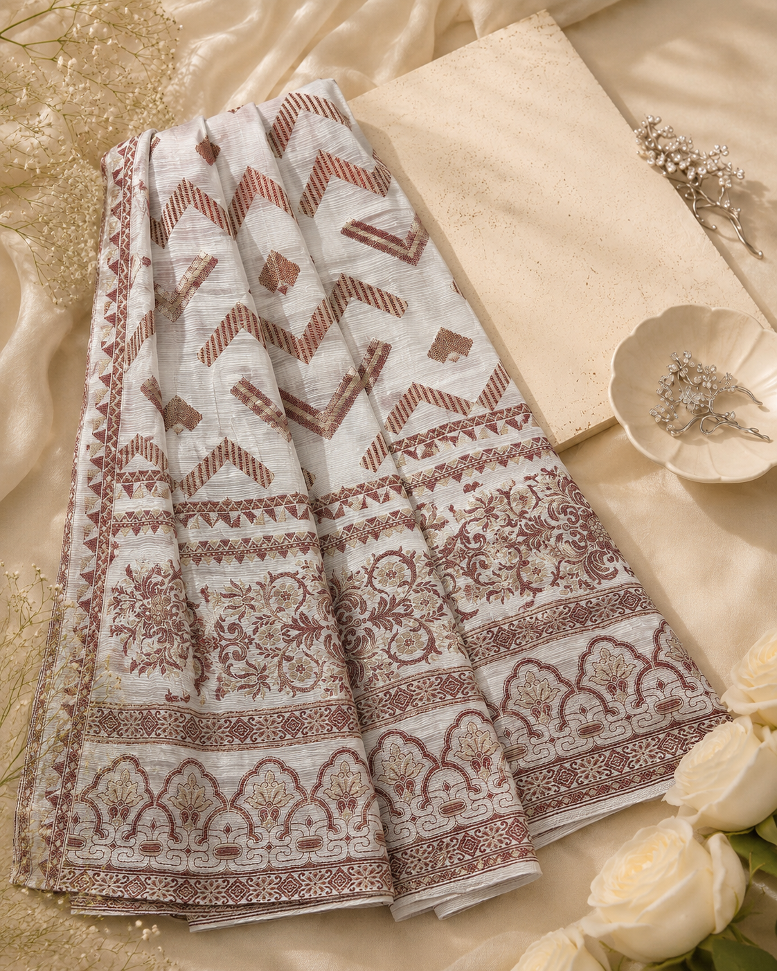 Off White Zari Jacquard Shawl
