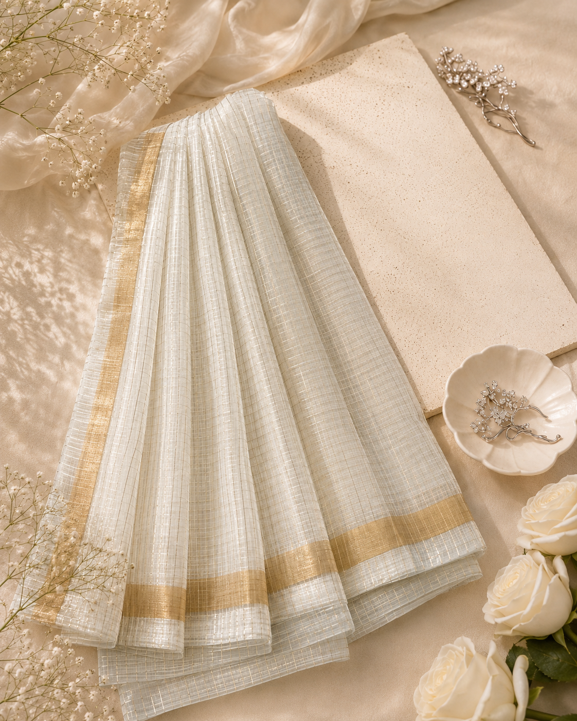 Off White Check Lorex Dupatta