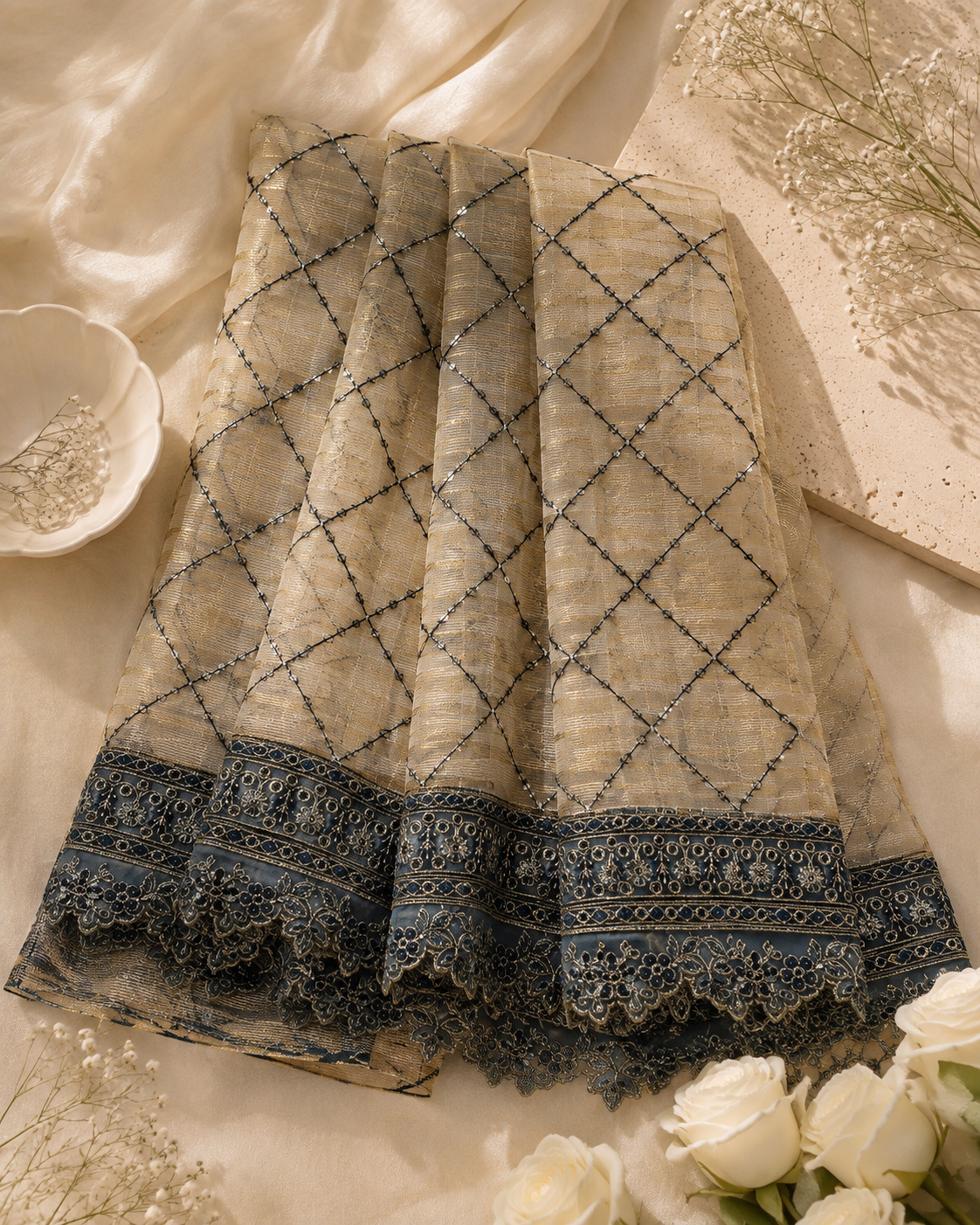 Skin Embroided Zari Net Dupatta