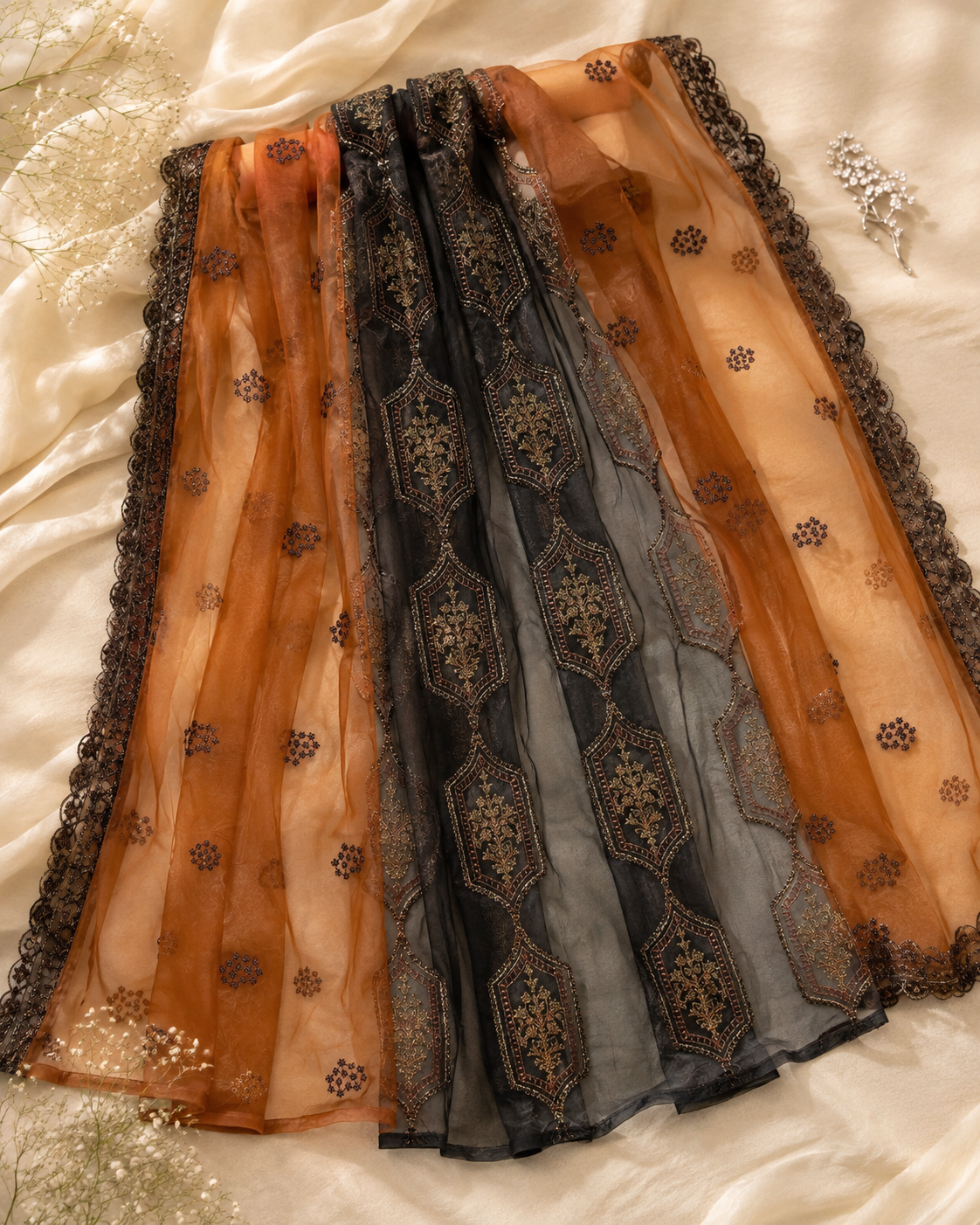 Black Brown Embroided Organza Dupatta