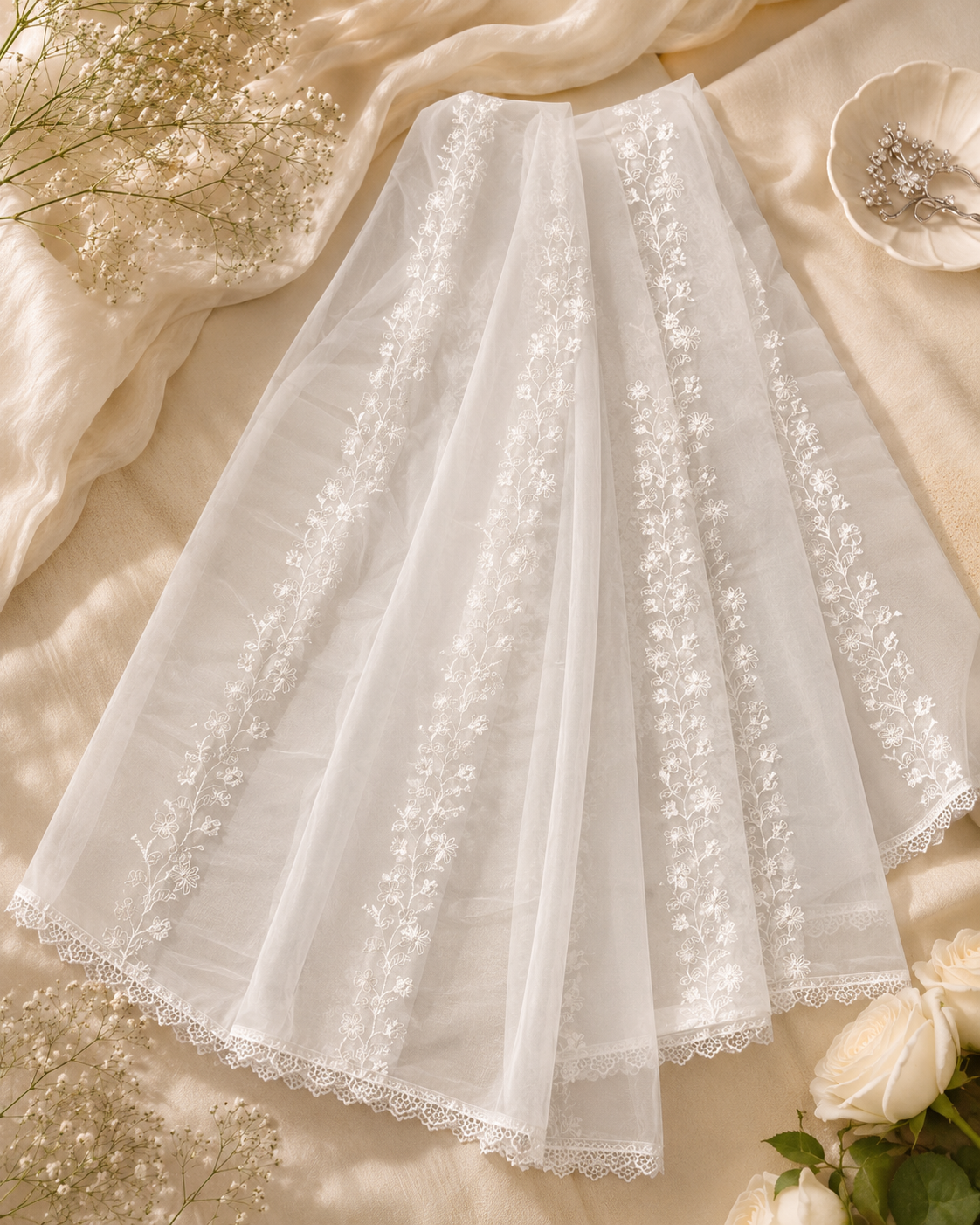 White Embroided Organza Dupatta
