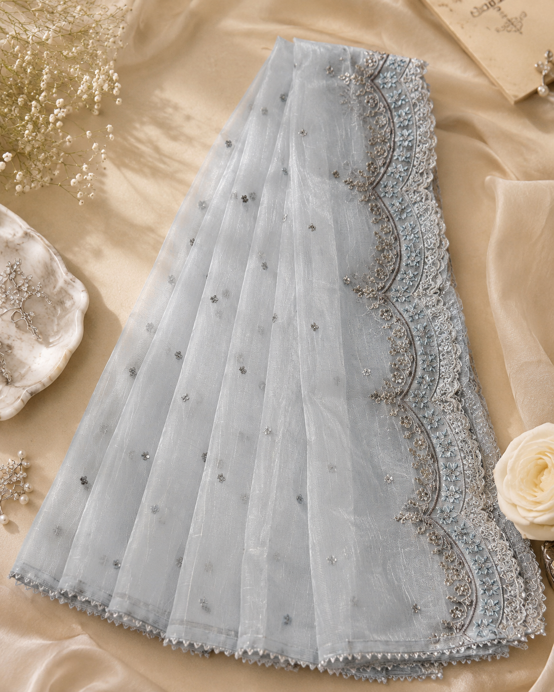 Sky Blue Embroided Cotton Net Dupatta