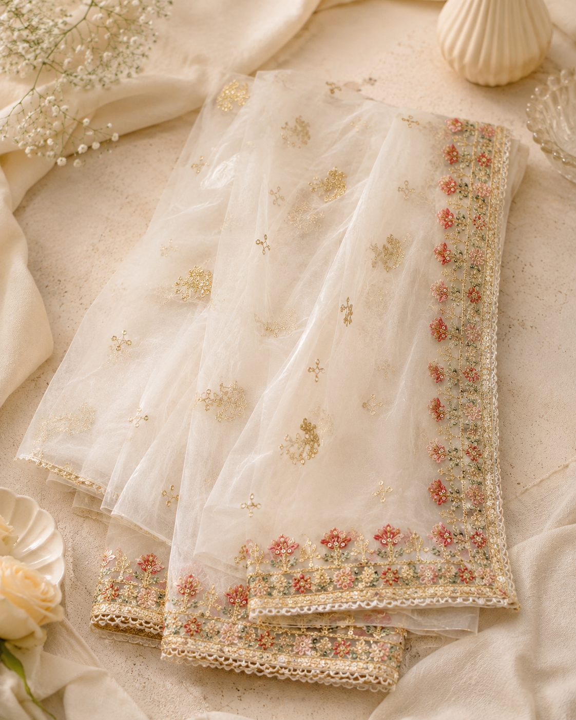 White Embroided Organza Dupatta