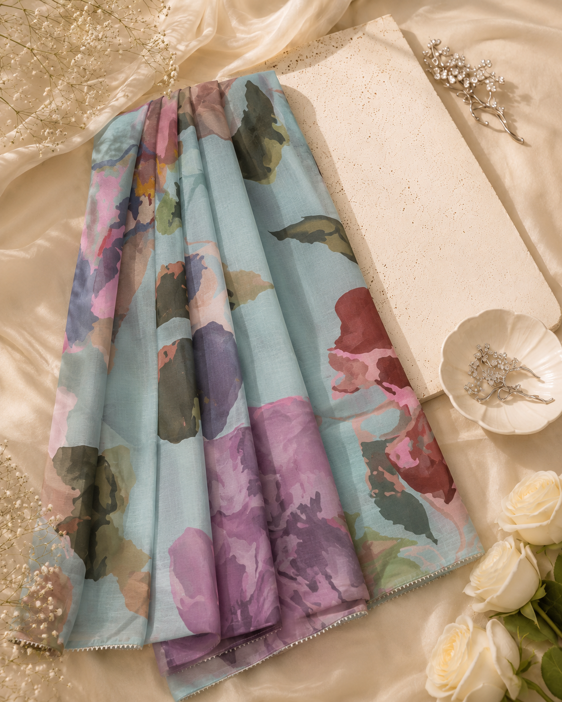 Blue Floral Print Munaar Dupatta