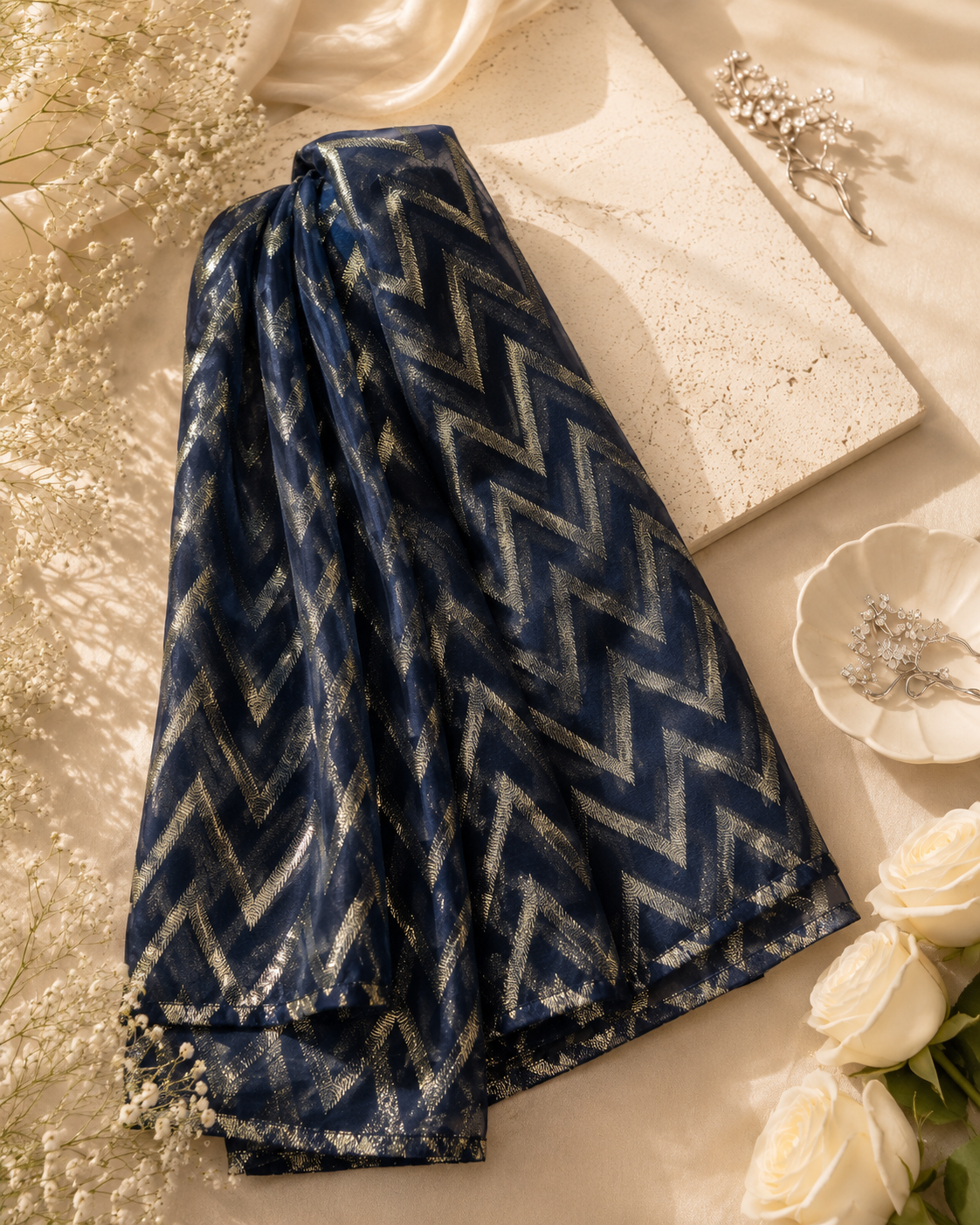 Blue Organza Jacquard Dupatta