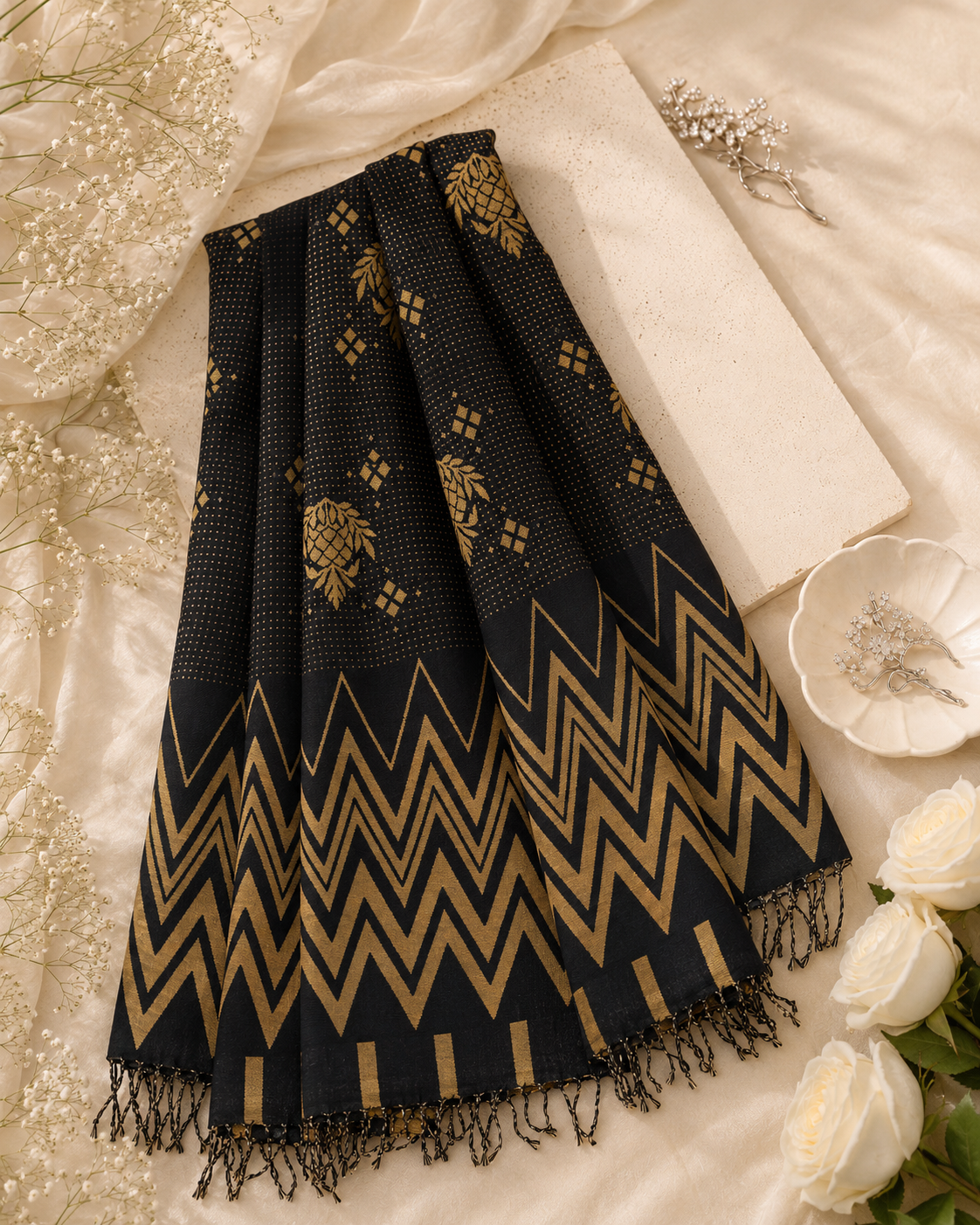 Black Pashmina Jacquard Shawl