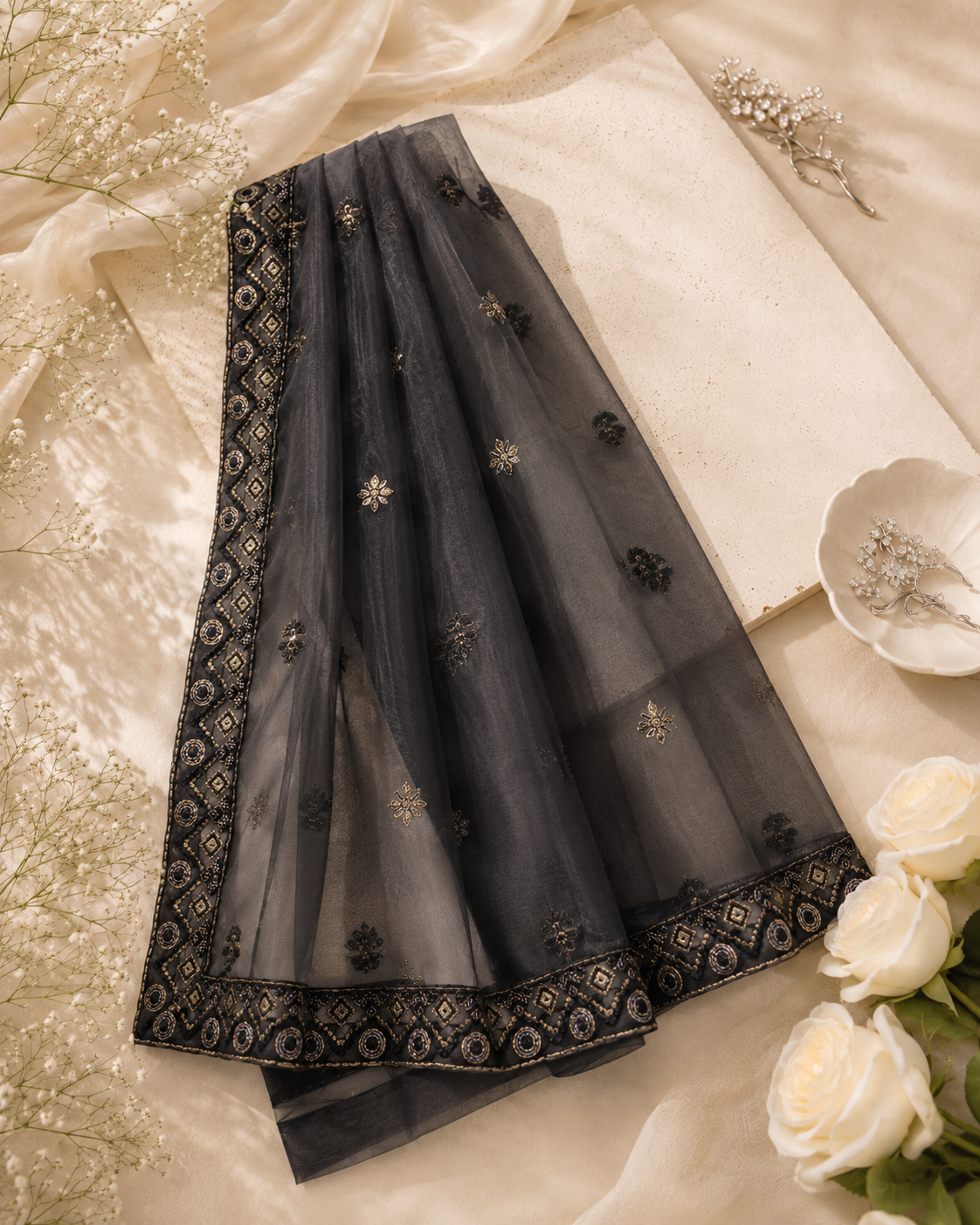 Black Embroided Organza Dupatta