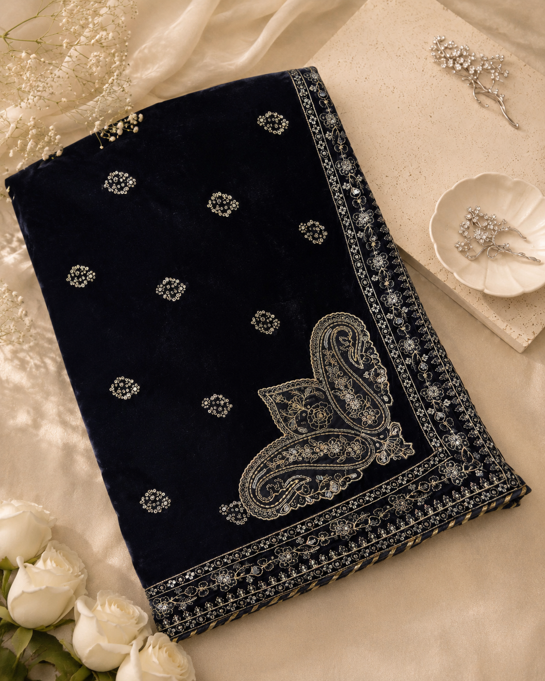 Black Embroided Velvet Shawl