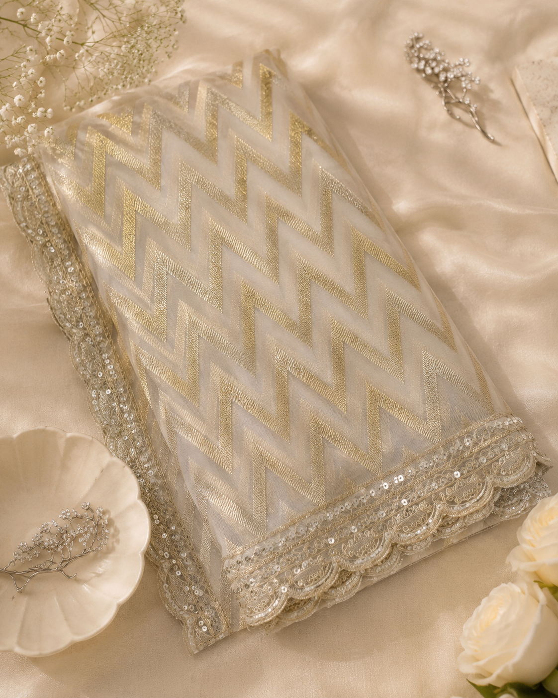 Off White Organza Jacquard Dupatta