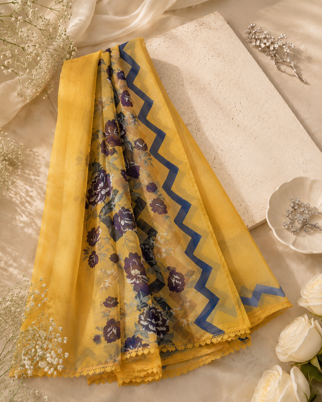 Yellow Printed Munaar Dupatta