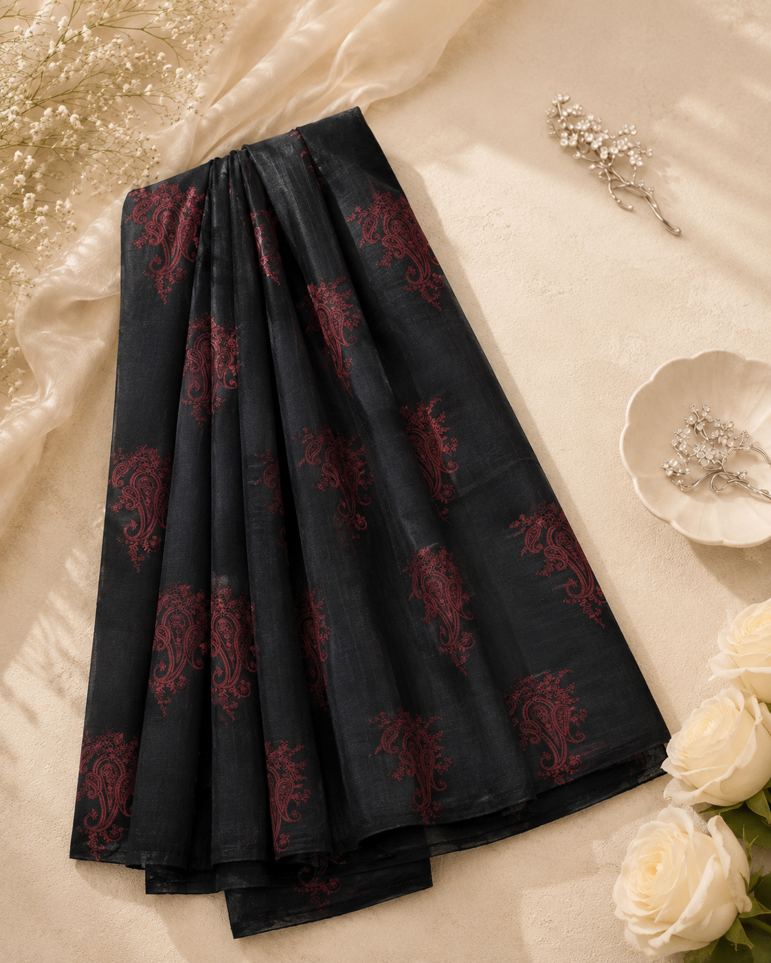 Black Printed Poly Wool Shawl