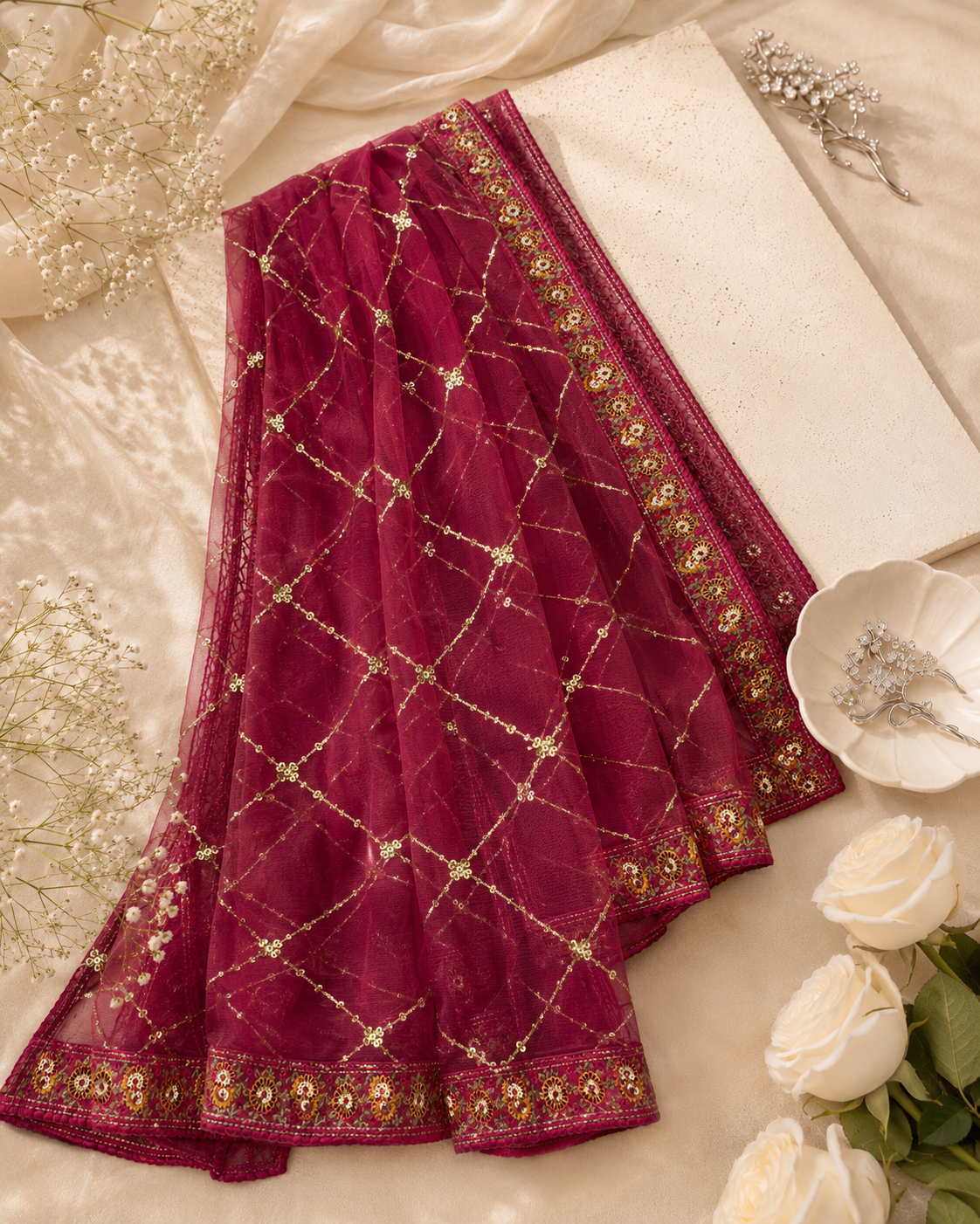 Maroon Embroided Chiffon Dupatta