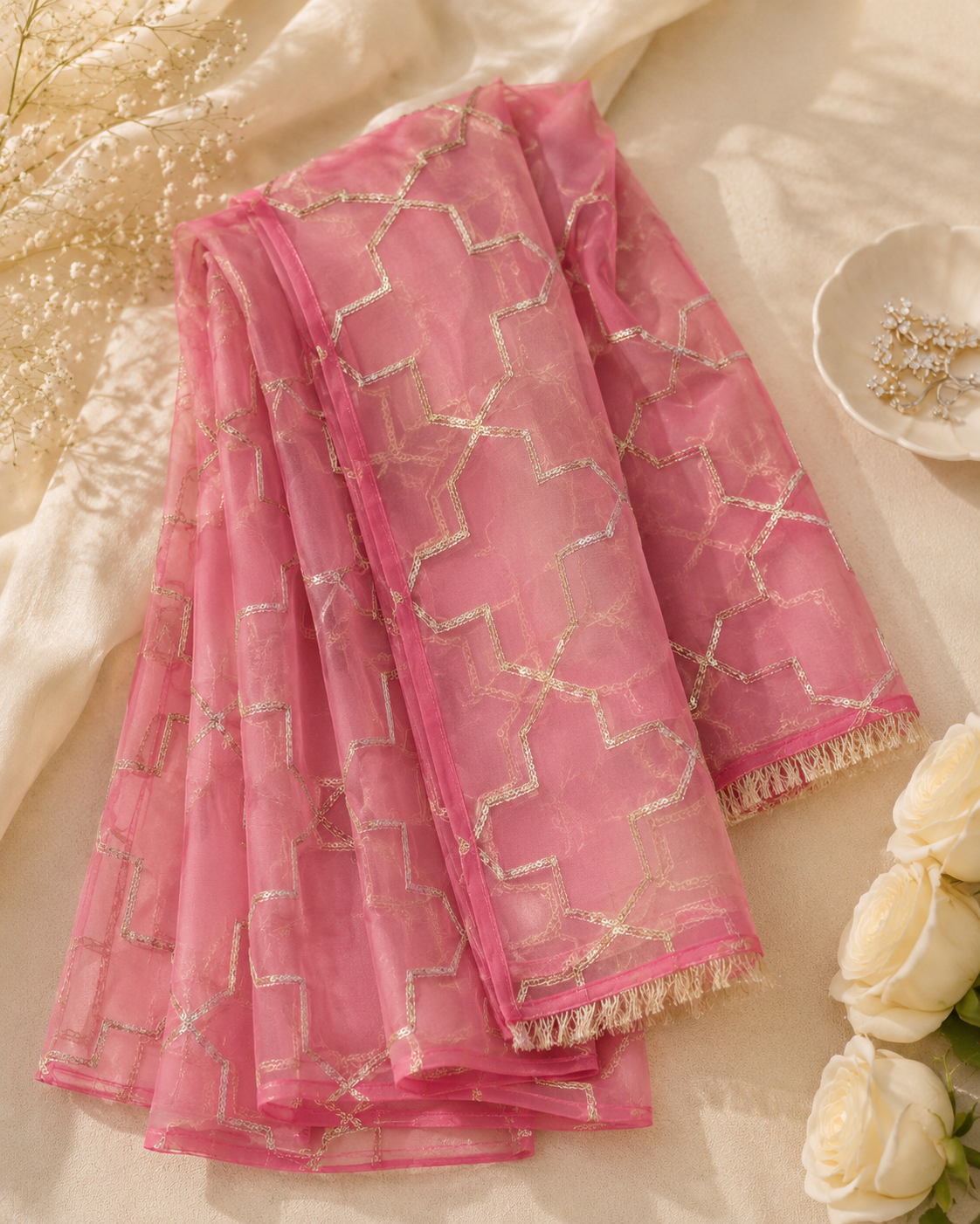 Shocking Pink Organza Dupatta