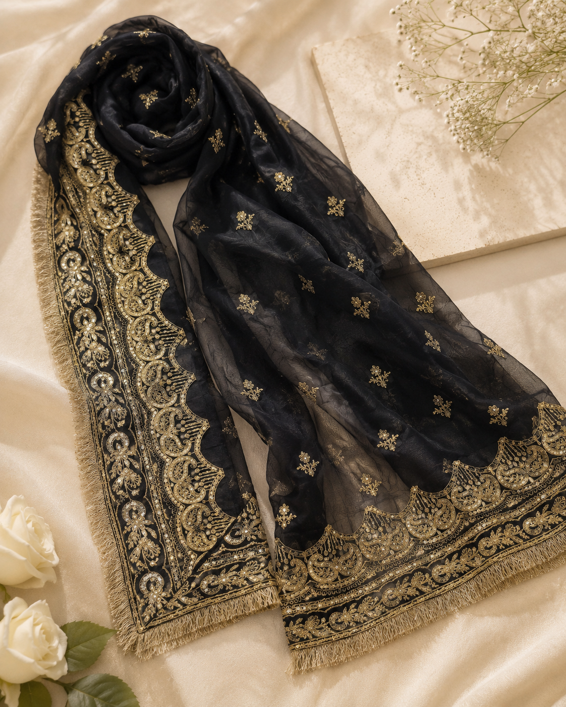 Black Embroided Chiffon Dupatta