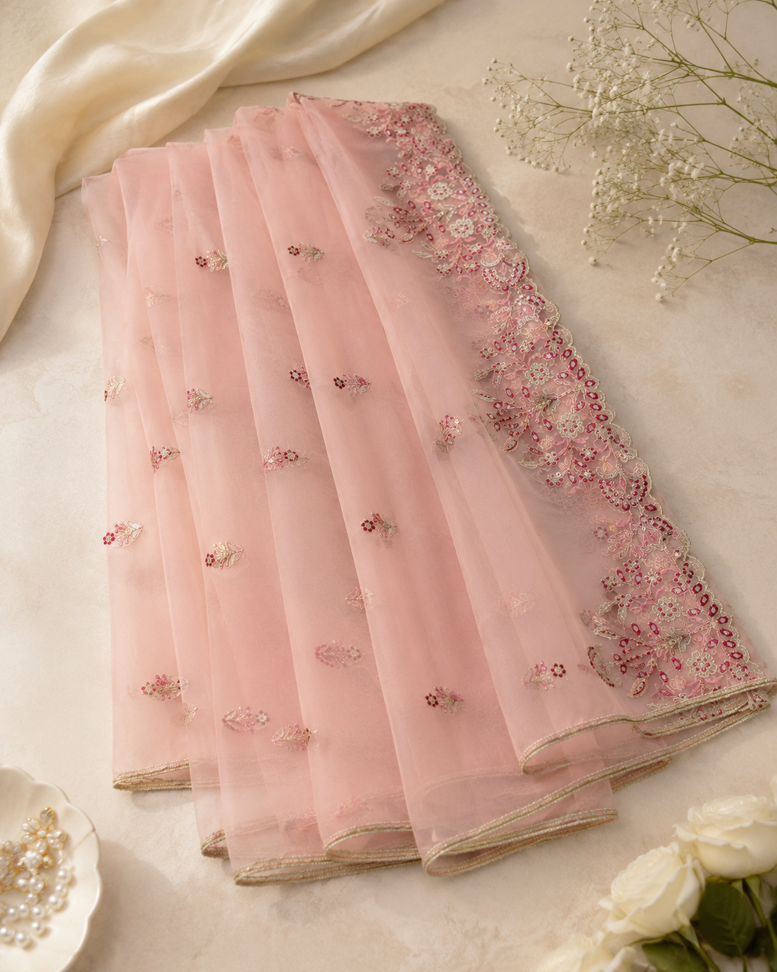 Pink Embroided Organza Dupatta