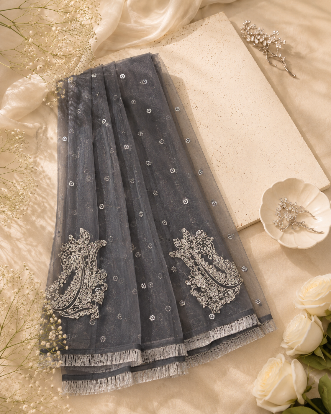 Grey Embroided Organza Dupatta