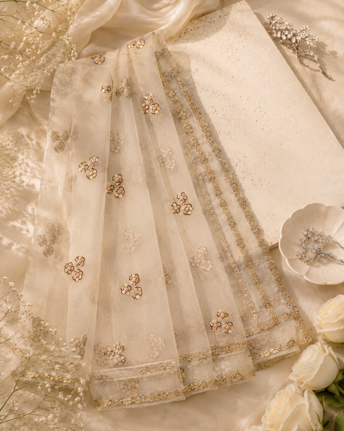 Off White Embroided Organza Dupatta