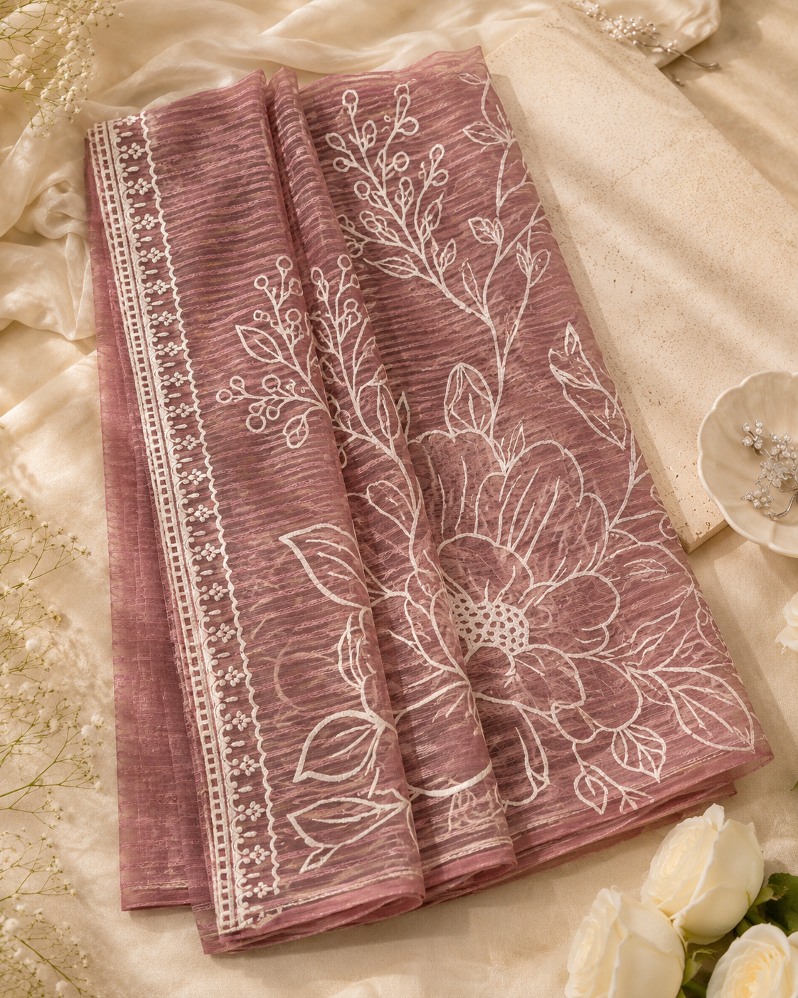 Peach Embroided Cotton Organza Dupatta