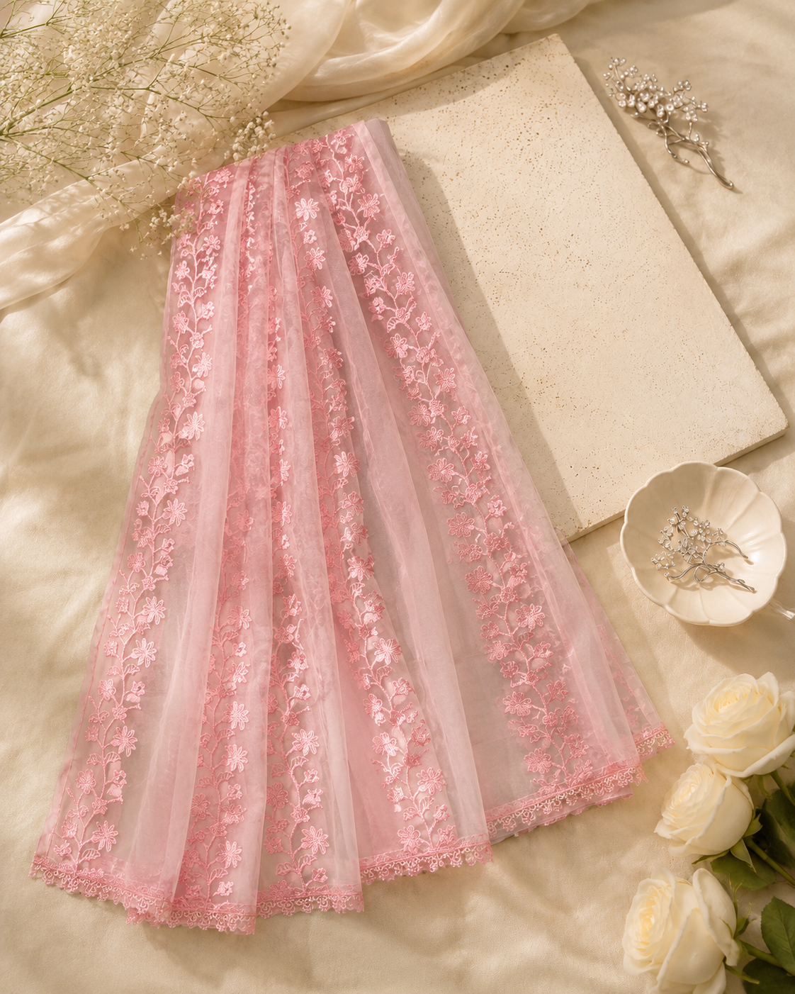 Light Pink Embroided Organza Dupatta