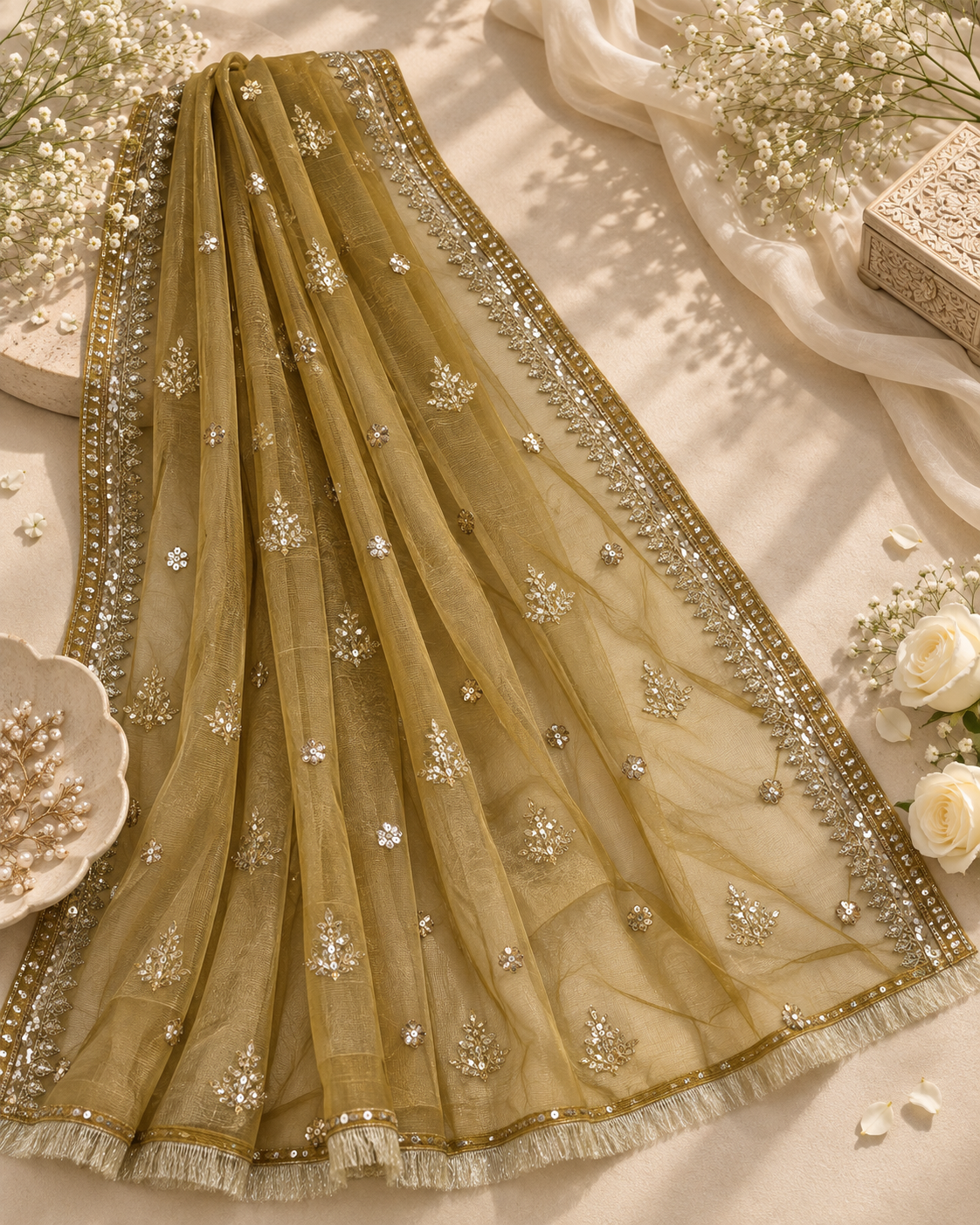 Yellow Embroided Cotton Net Dupatta