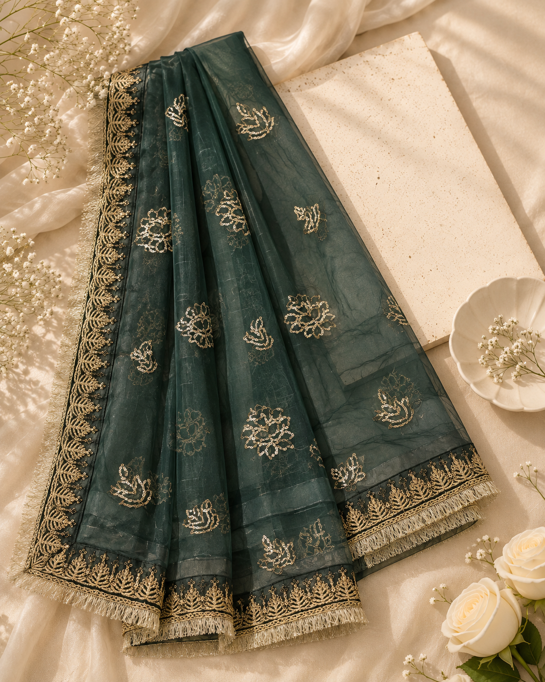 Green Embroided Organza Dupatta
