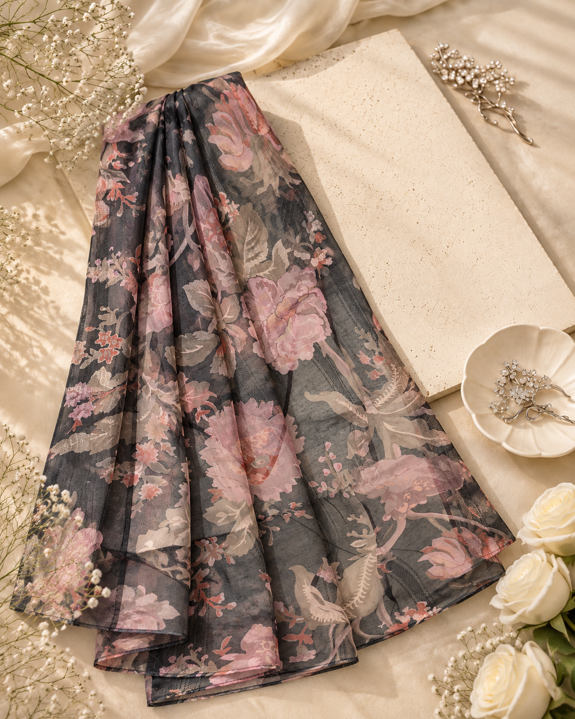 Black Floral Printed Munar Dupatta