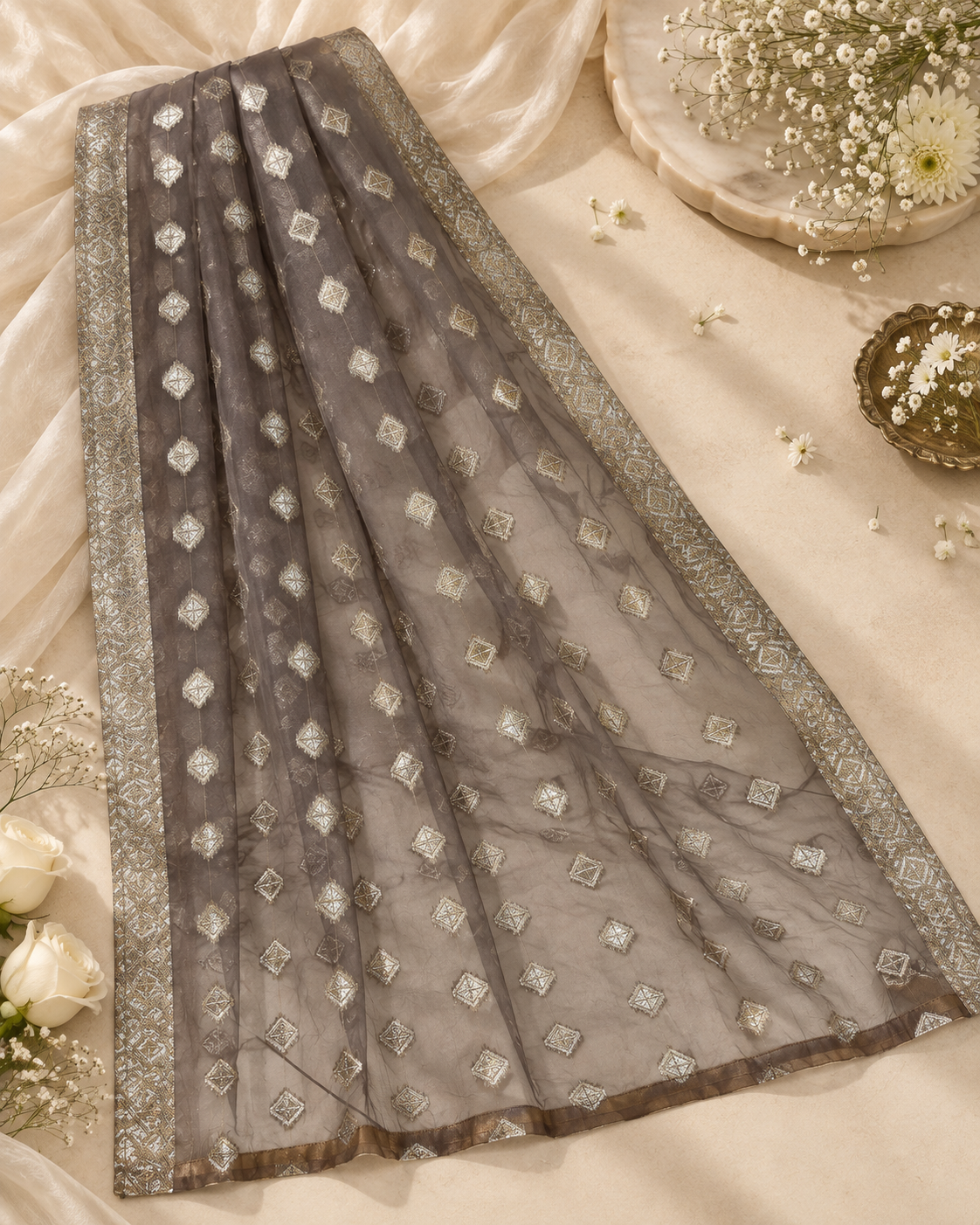 Brown Organza Jacquard Dupatta