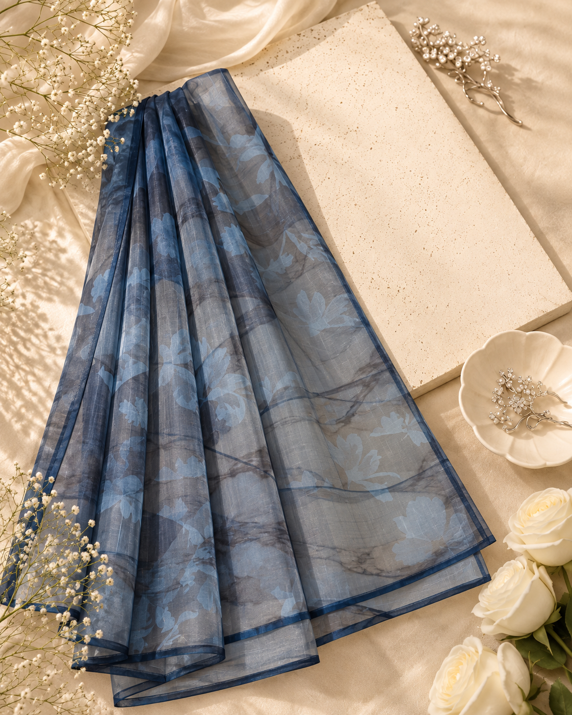 Blue Printed Organza Dupatta