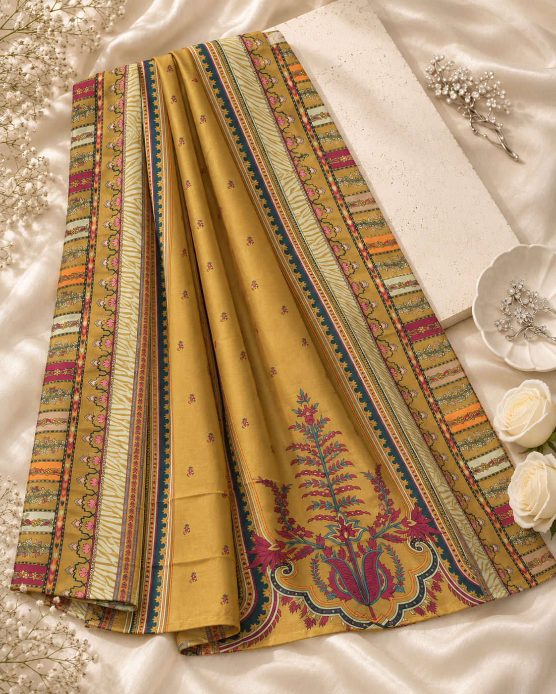 Yellow Printed Poly Wool Shawl