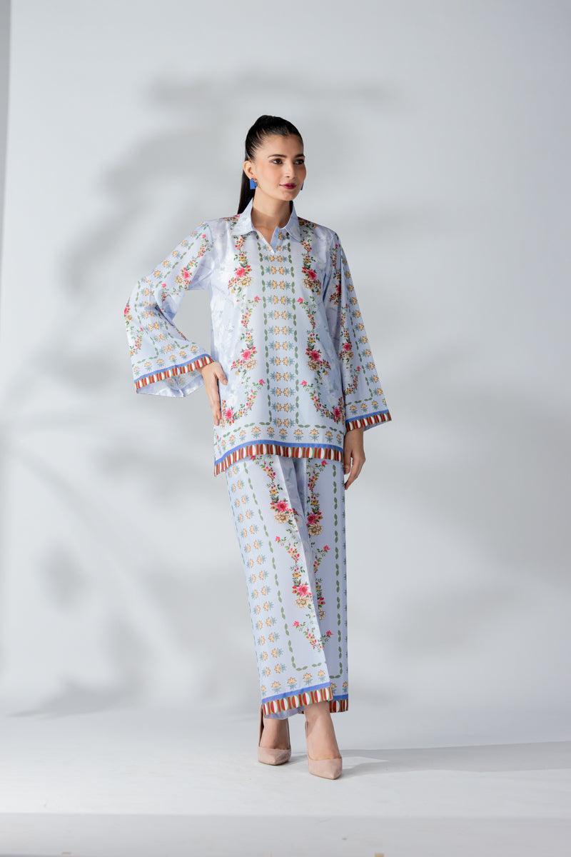Raw Silk Ice Blue Fusion Blend Co-Ord Set - AR-3506 - ARFARIWAJ