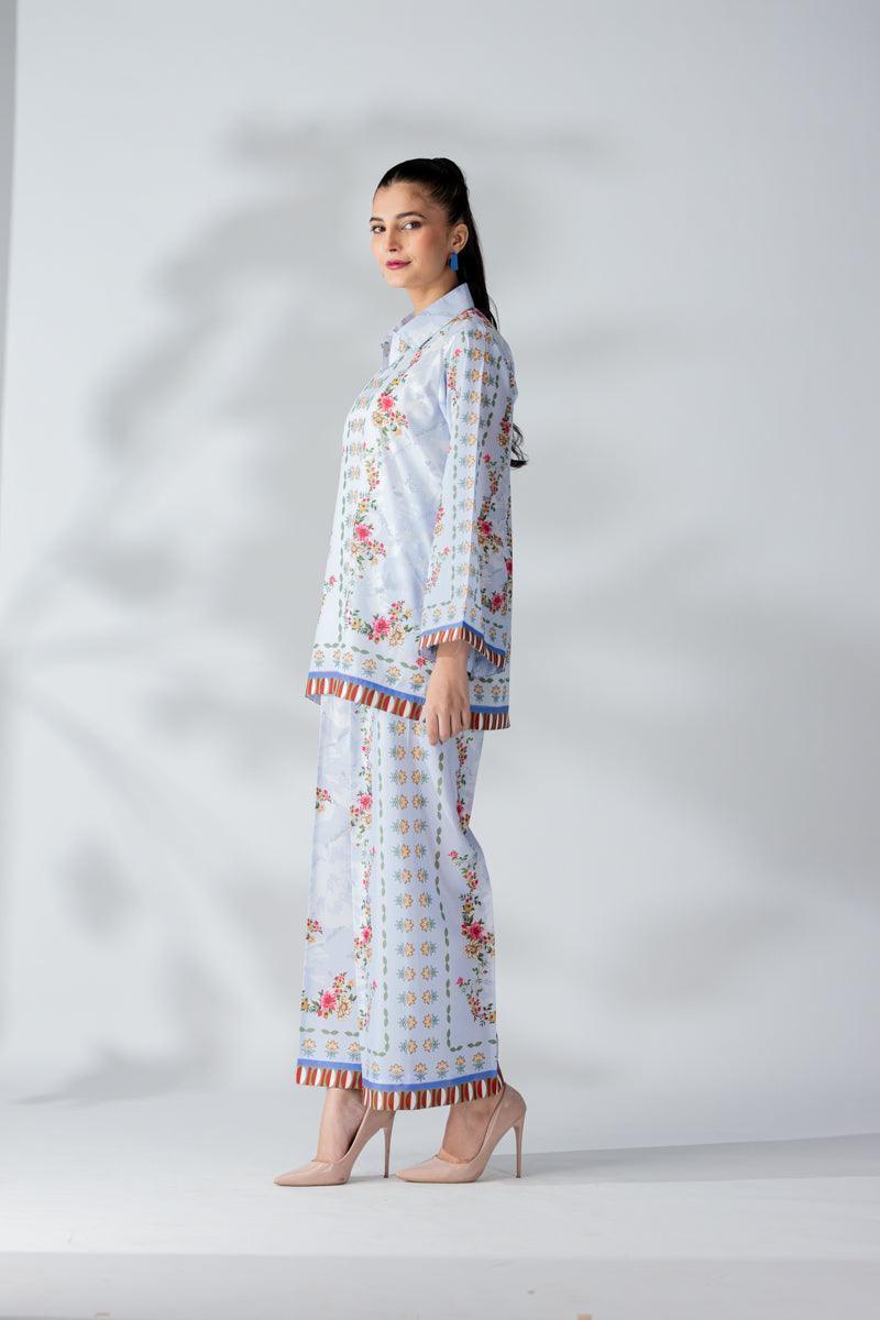 Raw Silk Ice Blue Fusion Blend Co-Ord Set - AR-3506 - ARFARIWAJ