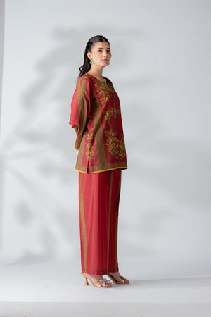 Raw Silk Red Fusion Blend Co-Ord Set - AR-3504 - ARFARIWAJ