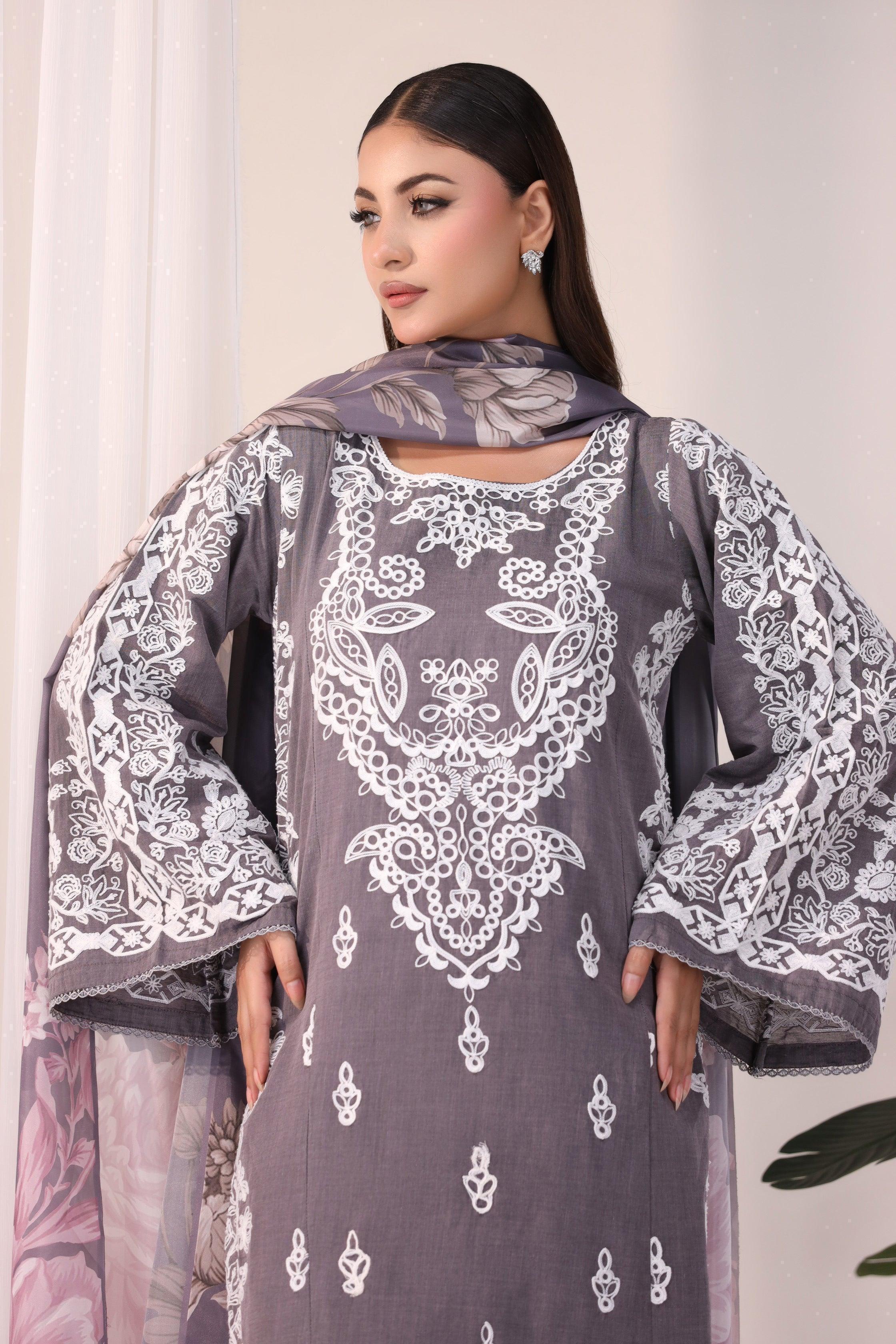 SMOKE 3 Piece Embroidered Ready To Wear - AR-3396-Smoke - ARFARIWAJ