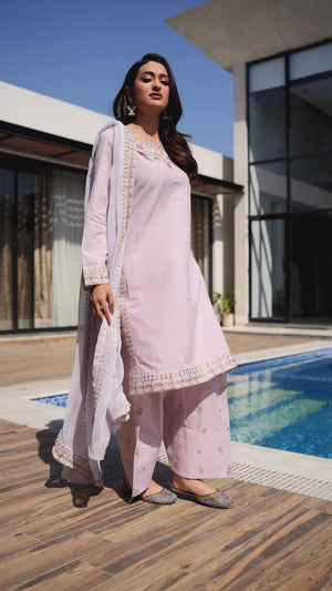 3 PC Lilac Self Jacquard Ready To Wear - AR-3725 - ARFARIWAJ