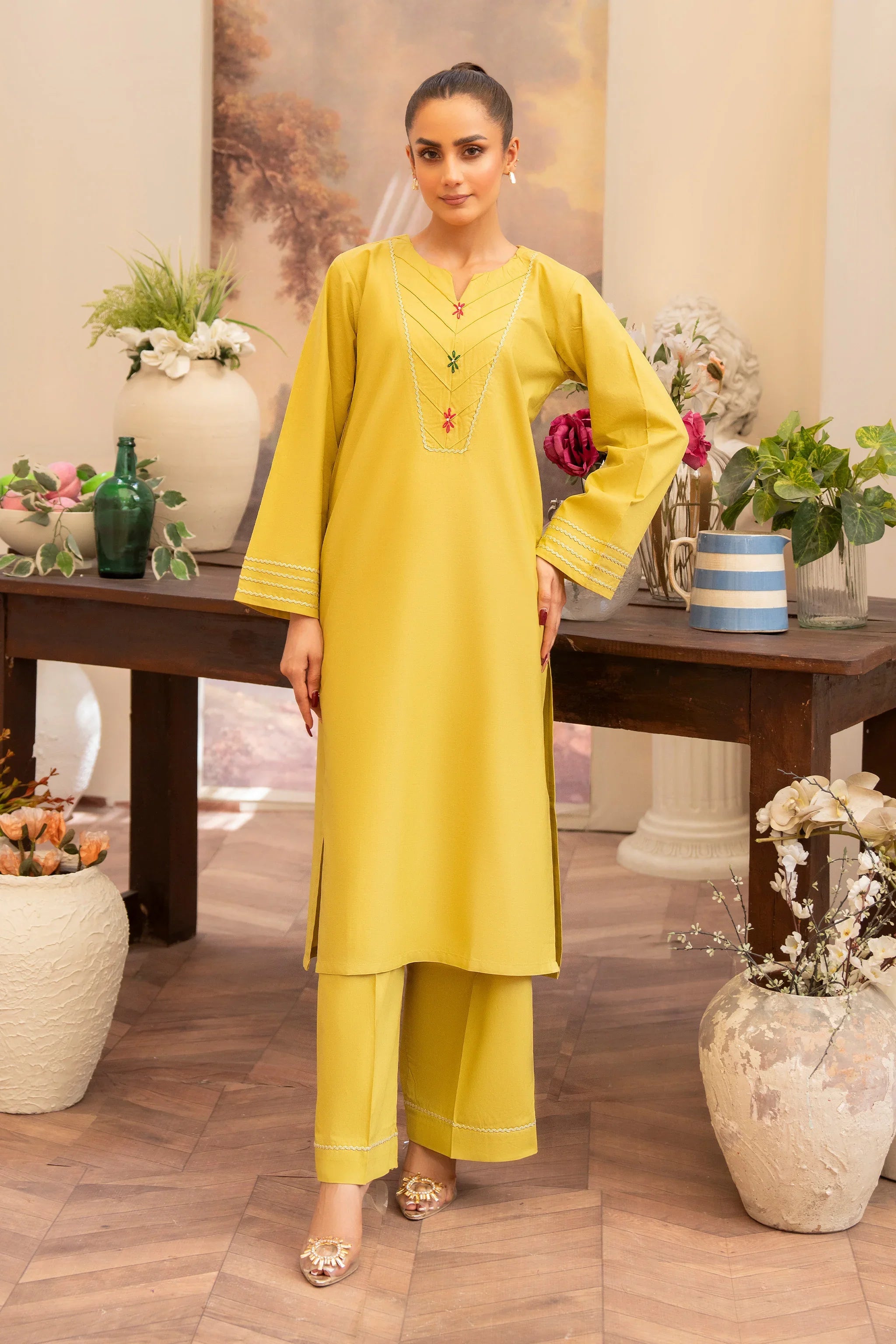 2 Piece Mustard Yellow Cotton Suit RTW - AR-S2-01 - ARFARIWAJ