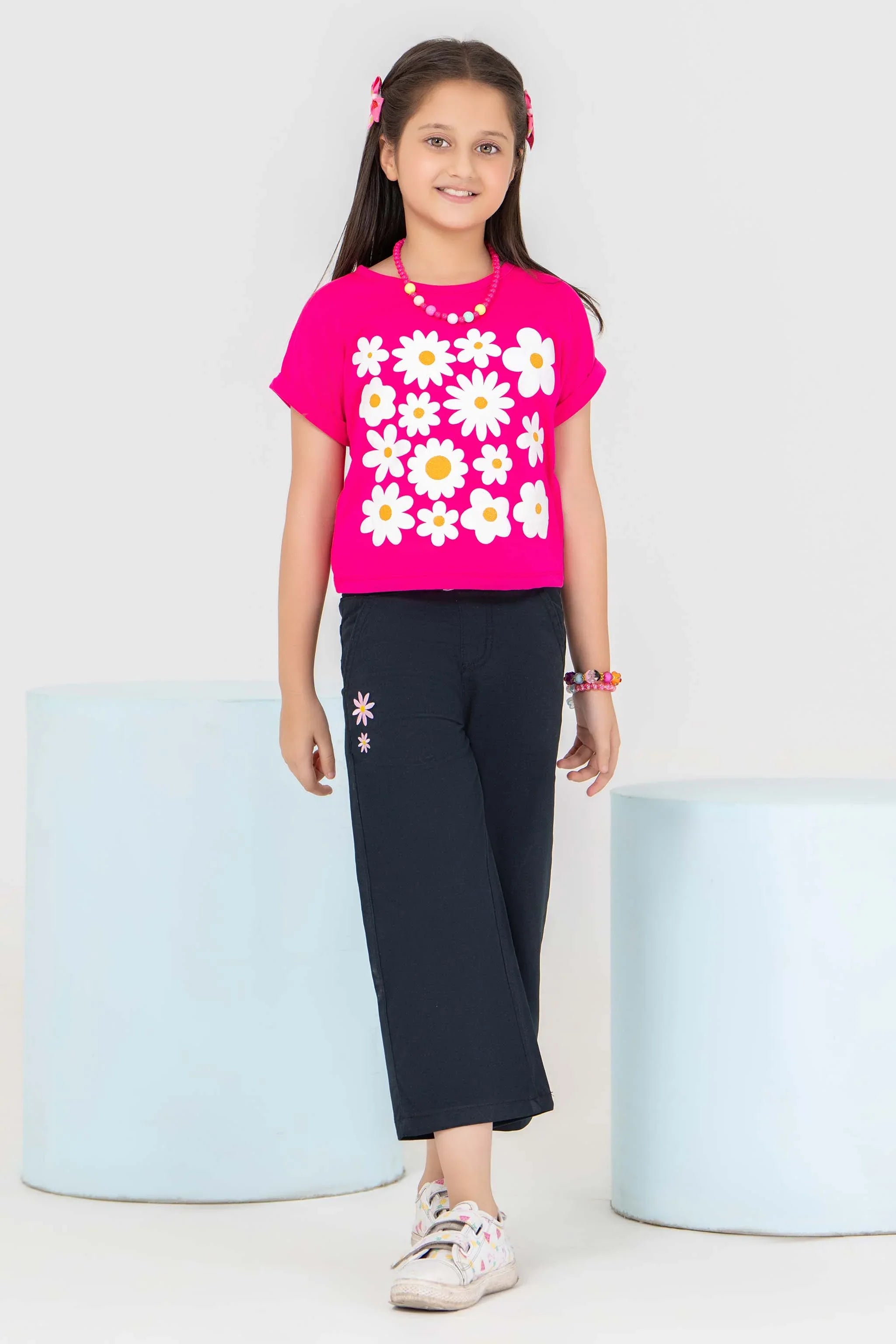 2 Piece Shocking Pink Cotton Suit Kids - AJG-003 - ArfaRiwaj Junior