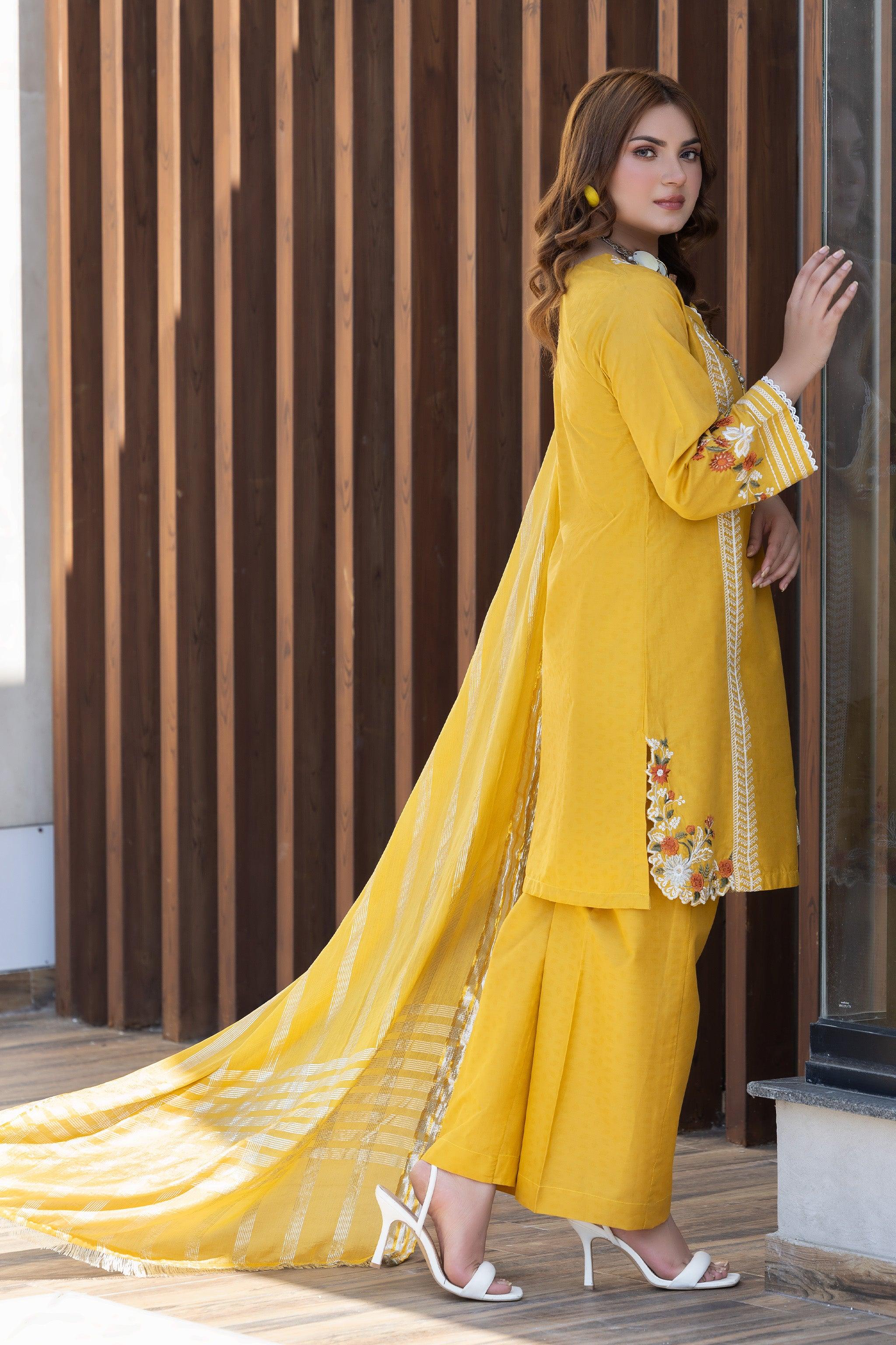 3PC Mustard Self Jacquard Ready To Wear - AR-3613 - ARFARIWAJ