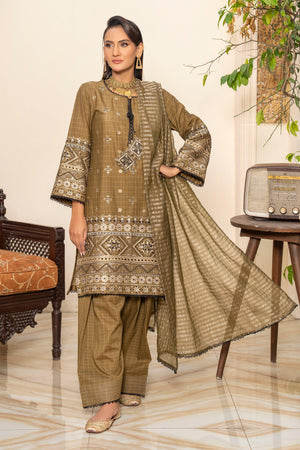 3PC Olive Green Grid Lawn Ready To Wear - AR-3668 - ARFARIWAJ