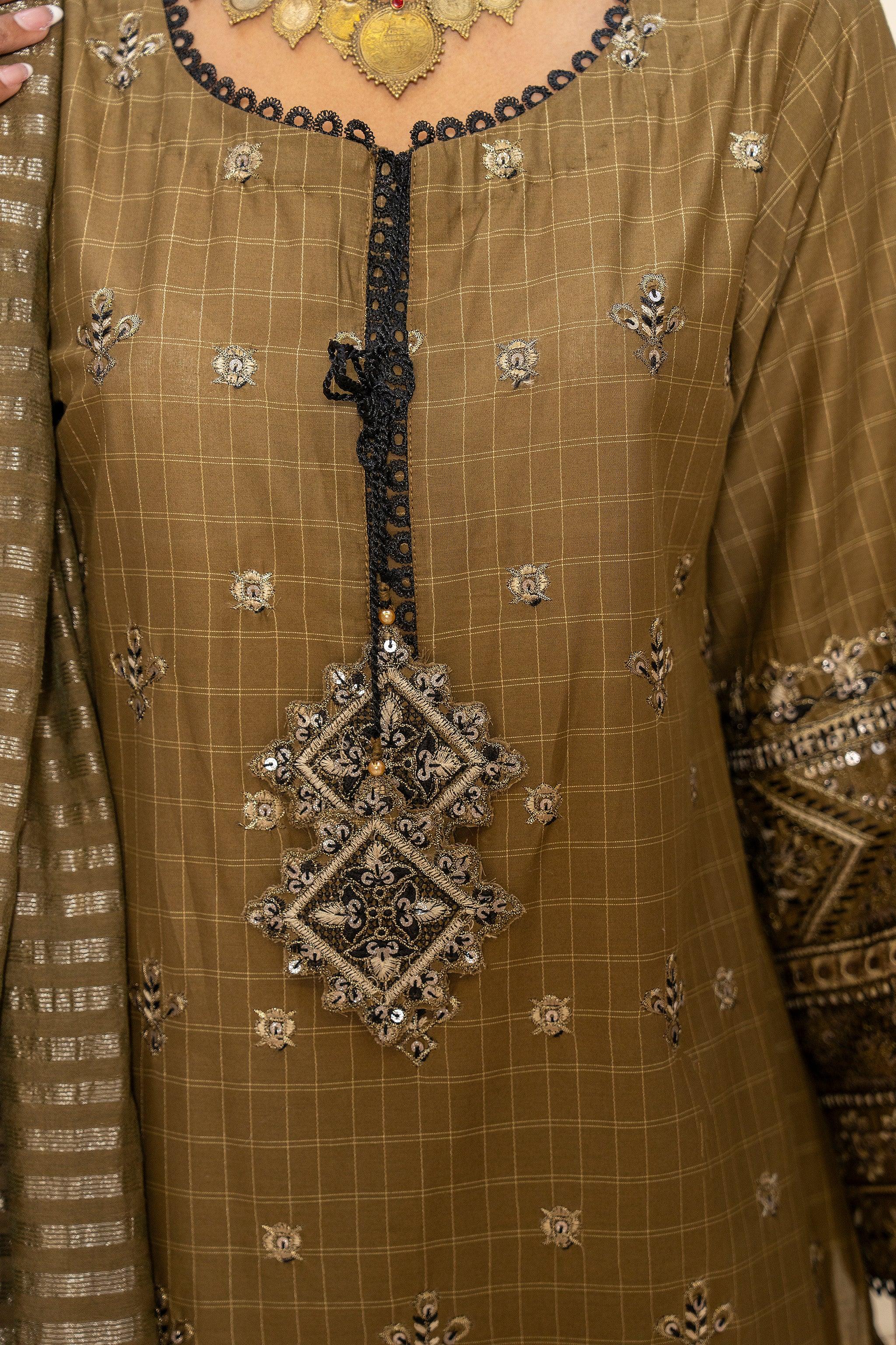 3PC Olive Green Grid Lawn Ready To Wear - AR-3668 - ARFARIWAJ