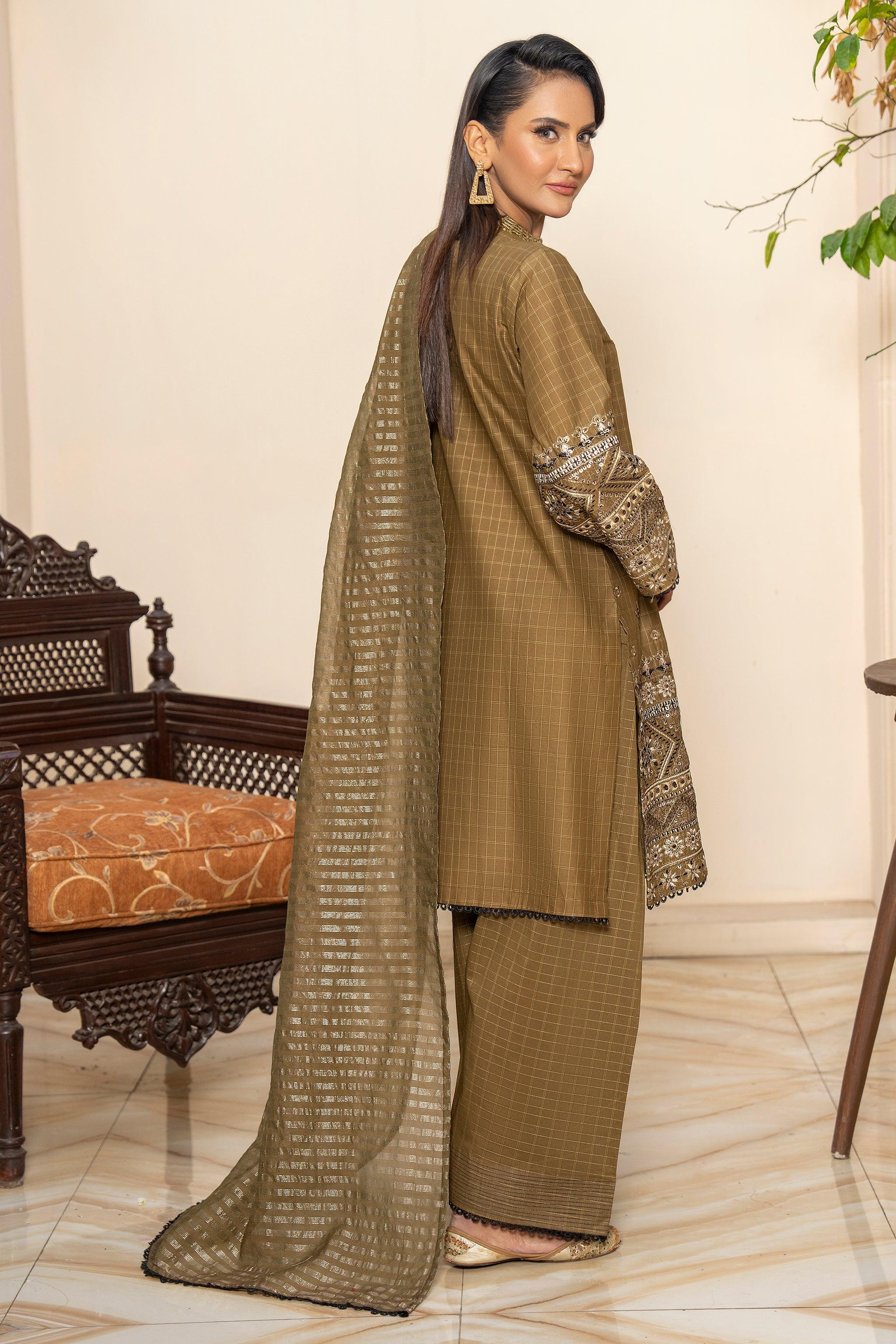 3PC Olive Green Grid Lawn Ready To Wear - AR-3668 - ARFARIWAJ
