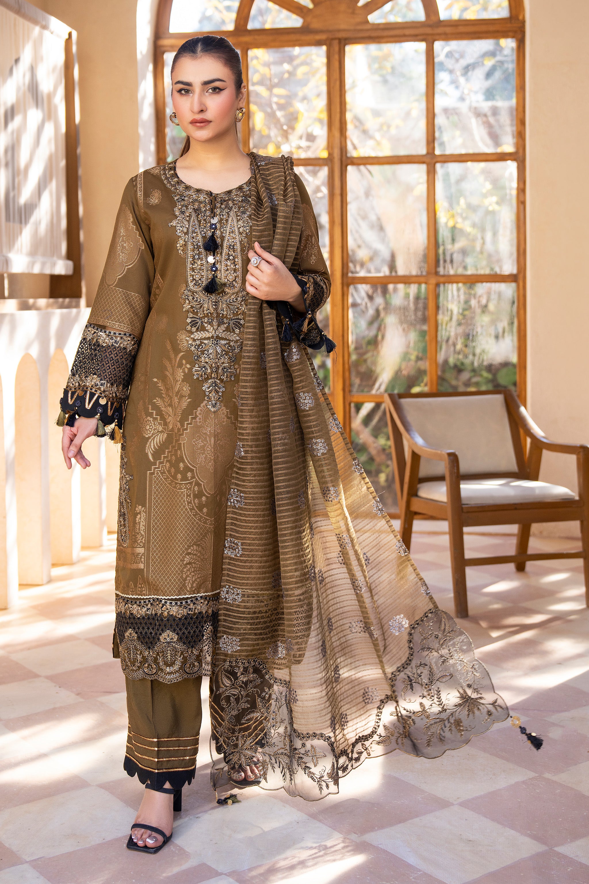 3PC Olive Green Jacquard Ready To Wear - AR-3682 - ARFARIWAJ