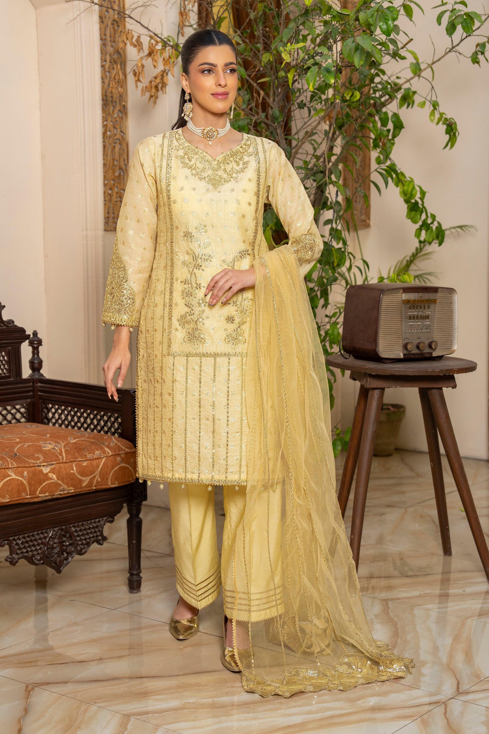 3 PC Lemon Zari Jacquard Ready To Wear - AR-3687 - ARFARIWAJ